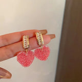 Popxstar New Style Trendy Lovely Pink Candy Colours Heart Dangle Earrings For Women Fashion Cute Sweet Crystal Jewelry Girl Gifts