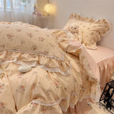 Popxstar  3/4Pcs Korean Princess Style Floral Lace Ruffle 100% Cotton Bedding Set Duvet Cover Bed Skirt/Bed Sheet/Fitted Sheet Pillowcases