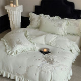 Popxstar  lily of the valley Embroidery Ruffles Princess Bedding Set Velvet Warm Winter Duvet Cover Flat/Fitted Bed Sheet Pillowcases 4Pcs