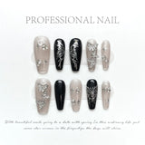 Popxstar  10Pcs Black Handmade Press on Nails Flower Ballet Wearable Rhinestone False Nails Decoration Chinese Manicure Fake Nails Tips