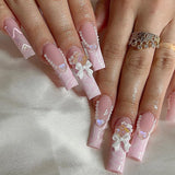 Popxstar 24Pcs Pure White French Press on Nails Long Square Head False Nails with Pearl Pink Bow Design Ballet Wearable Fake Nails