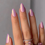 Popxstar 24Pcs Solid Color Grey Almond Fake Nail Cat's Eye Design Wearable Round Head False Nails with Shiny Powder Press on Nails