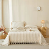 Popxstar  Natural Cotton Linen French Lace Soft Comfortable Quilted Bedspread, Bed Cover, Mattress Topper, Bed Sheet, Pillowcases 3Pcs