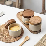 Popxstar Ceramic Seasoning Jar Retro Japanese Style Home Kitchen Salt Chili Sugar Jar Oil Pot Wooden Lid Spice Kitchen Utensils Modern