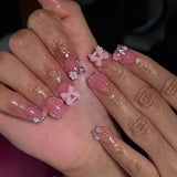 Popxstar 24Pcs Pink Square Head Fake Nails Press on Flower Bow Rhinestone Design Nails Set with Jelly Glue Wearable French False Nails