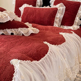 Popxstar  4Pcs French Princess Style Carved Velvet Warm Winter Bedding Set Large Lace Ruffle Duvet Cover Flat/Fitted Bed Sheet Pillowcases