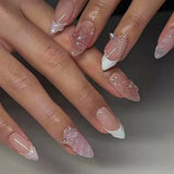 Popxstar 24pcs Short Almond Press on False Nails Flower Pink Gradient Pearl Design Fake Nails Bow Fashion Ins Datachable Manicure Tips