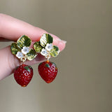 Popxstar Delicate Red Strawberry Flower Drop Earrings for Women 3D Simulated Fruit Green Leaves Earrings Girls Jewelry Accessories