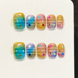 Popxstar  10pcs Gradient Colorful Handmade False Nails Art with Glitter Star Design Fake Nail Tips Short Ballet Press on Nails Finished