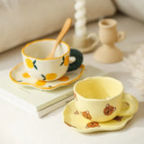 Popxstar  Ceramic Coffee Mug and Saucer Set Hand Pinching Irregular Cute Pattern Milk Juice Afternoon Tea Water Cup Girl Flower Tea Cup