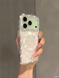 Cute Pink Polka Dot lily flower Magnetic Phone Case for iPhone 13 14 15 16 17ProMax Shockproof Wireless Charge Cover for Magsafe