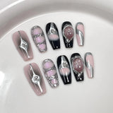 Popxstar 10Pcs Long Ballerina Handmade Press on Nails Pink Black Fake Nails Wearable Stick-on Nails Full Cover False Nail Uñas Postizas
