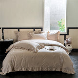 Popxstar  Flowers Embroidery Ruffles Purple Luxury Bedding Set 1000TC Egyptian Cotton Duvet Cover Flat/Fitted Bed Sheet Pillowcases 4Pcs