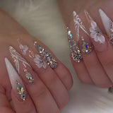 Popxstar 24pcs Long Stiletto Press on Nails Hot Girl Almond False Nails Nude Flower Rhinestones Full Cover Fake Nail Finished Manicure