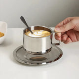 Popxstar 200ml Espresso Cup Saucer Scoop Included Dual Wall 304 Stainless Steel Milk Mug Coffee Cup Mirror Drinkware for Cafeteria