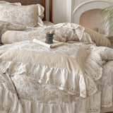 Popxstar  4/5Pcs French Vintage jacquard Lace Ruffles 100% Cotton Double Layer Yarn Bedding Sets Duvet Cover Flat/Fitted Sheet Pillowcases