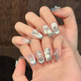 Popxstar  10pcs Pink Handmade Fake Nail Tips Cute Bear Bow Design Nails Art French Mid-length Square False Nail Wearable Press on Nails