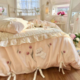 4Pcs Bedding Set French-Inspired, Girly, Princess-Style Bows and Lace Pink Duvet Cover Pillowcase Bedding Full Set Double Bed