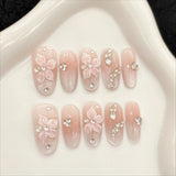 10Pcs Snake Rhinestone Press on Nails Pink Gradient Press on Fake Nails Cat Eye Almond False Nails 3D Carve Flower Nail Art Tip