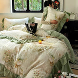 Popxstar  Nordic Bedding Sets 100% Cotton Floral Flat Bed Sheet Set 2 Pillowcases Skin-Friendly Queen King Double Size Bed Linen Set
