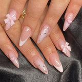 popxstar Pink French Style Fake Nails Almond Ballerina Press on Nails 3D Bowknot Designs Nude Color Stick-on False Nails Tips 24Pcs