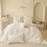 Popxstar Korean Princess Style Lace Ruffles Bedding Set Solid Color Duvet Cover Set Flat/Fitted Bed Sheet Pillowcases With Pillowcases