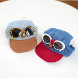 Adjustable Pet Visor Baseball Hat Multiple Patterns Denim Bow Bear Fruit Print Small Breed Dog Sun Protection Headwear