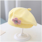Popxstar Solid Color Flower Baby Beret Hat Winter Warm Knitted Beanie Cap for Infant Girls Korean Toddler Princess Artist Painter Caps