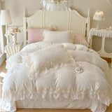 Popxstar  Romantic Lace Ruffles Princess Style Bedding Set Carved Velvet Warm Winter Duvet Cover Flat/Fitted Bed Sheet Pillowcases 4Pcs