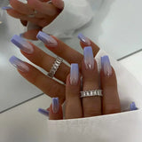 Popxstar 24Pcs Short Purple False Nails Leaf with French Design Gold Foil Wearable Fake Nails Coffin Ballet Full Cover Press on Nail Tips
