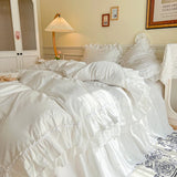 Popxstar  4Pcs White Korean Princess Style 100% Cotton Bedding Set Double Layer Lace Ruffles Duver Cover Bed Skirt Bedspread Pillowcases