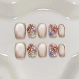 10pcs Crystal Cat Eye False Nails Colorful Mini Flower Fake Nails with Butterfly Design Elegant Press on Nails Short Square Nail