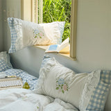 Popxstar  Korean Princess Style Double Layer Lace Flower Embroidery 100% Cotton Bedding Set Plaid Style Duvet Covers Bed Sheet Pillowcases