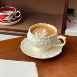 Popxstar  French Cream Relief Coffee Cups Set  Cafe Afternoon Tea Coffee Cups Retro Cappuccino Flower Patterned Cup Unique Creativity Gift