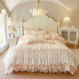Popxstar  4/6Pcs Princess Wedding Bedding Set 600TC Egyptian Cotton Double Layer Lace Ruffles Duvet Cover Bed Skirt Bedspread Pillowcases