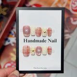 10pcs 3D Strawberry Bow Press on Nails Sweet Cute Square False Nails Flowers Pearl Stick on Nails Cat Eye French Fake Nail Art