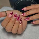 Popxstar  24pcs Flower Fashion Press on Nails Sets Pearl Red Almond Fake Nail Short Oval False Nails Wearable French Full Cover Nail Tips