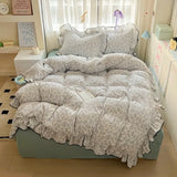 Popxstar  New cream lace girl powder grid Korean version bed four-piece set washed cotton double-layer yarn quilt cover dormitory