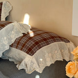 Popxstar  Vintage Plaid Flowers Lace Ruffles Bedding Set 100% Cotton Double Layer Yarn Duvet Cover Flat/Fitted Bed Sheet Pillowcases 4Pcs