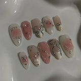 Popxstar 24pcs Sweet False Nail Patches Detachable Fake Nail Tips With Bowknots Love Heart Pearl Design Pink Almond Korean Press On Nail