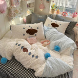 3/4Pcs Bedding Set Polka Dot Cartoon Puppy Checkered Sheet Boiled Cotton Bed Linen Kawaii Cotton Duvet Cover Set Full Size