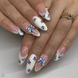 Popxstar 24pcs Sweet False Nail Patches Detachable Fake Nail Tips With Bowknots Love Heart Pearl Design Pink Almond Korean Press On Nail