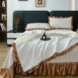 Popxstar  4Pcs Knitted Cotton Soft Luxury Bedding Set Quilted Ruffles Duvet Cover Set Bed Sheet Pillowcases Queen King Size