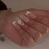 Popxstar 24Pcs Pure White French Press on Nails Long Square Head False Nails with Pearl Pink Bow Design Ballet Wearable Fake Nails