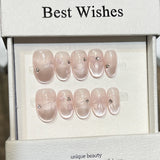 Popxstar  10Pcs Short Oval Shaped Fake Nails Nude Pink Handmade Press On Nails Elegant Bowknot Love Heart Designs for Sweet Girls Manicure