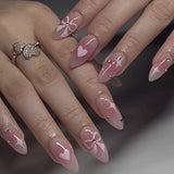 popxstar Pink French Style Fake Nails Almond Ballerina Press on Nails 3D Bowknot Designs Nude Color Stick-on False Nails Tips 24Pcs