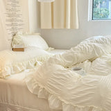 Popxstar Ins Style Korean Lace Seersucker Washed Cotton 4-piece Bed Sheet Quilt Cover Solid Color Duvet Cover For Girl Spring Decor Home