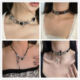 Popxstar Y2K Vintage Butterfly Cross Heart Star Necklace For Women Men Punk PU Leather Choker Jewelry Grunge Charms Stuff EMO Accessories