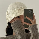 Popxstar Ins Bow Decoration Cute Women's Hats Autumn and Winter Korean Version Casual Versatile Solid Color Warm Knitted Bucket Caps