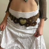 Popxstar Brown Pinned Belt Y2k Accessories Decorated with White Love Hearts Bohemian Style Retro PU Leather Waist Belt for Girls